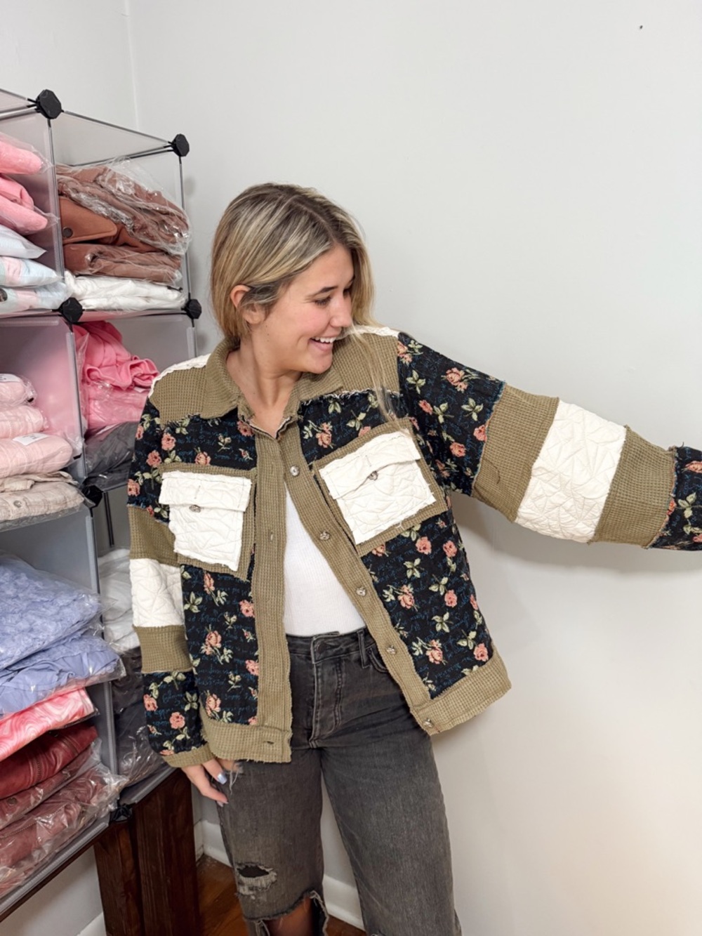 Floral Patchwork Quilted Overshirt Jacket - Olive/Black/Cream